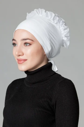 Beyaz Fırfırlı Kaymayan Bone