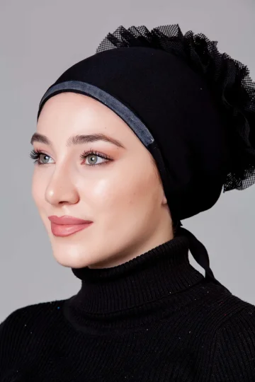 Siyah Fırfırlı Dikişsiz Kaymayan Bone (Likralı)