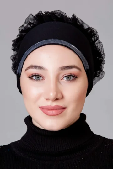 Siyah Fırfırlı Dikişsiz Kaymayan Bone (Likralı)